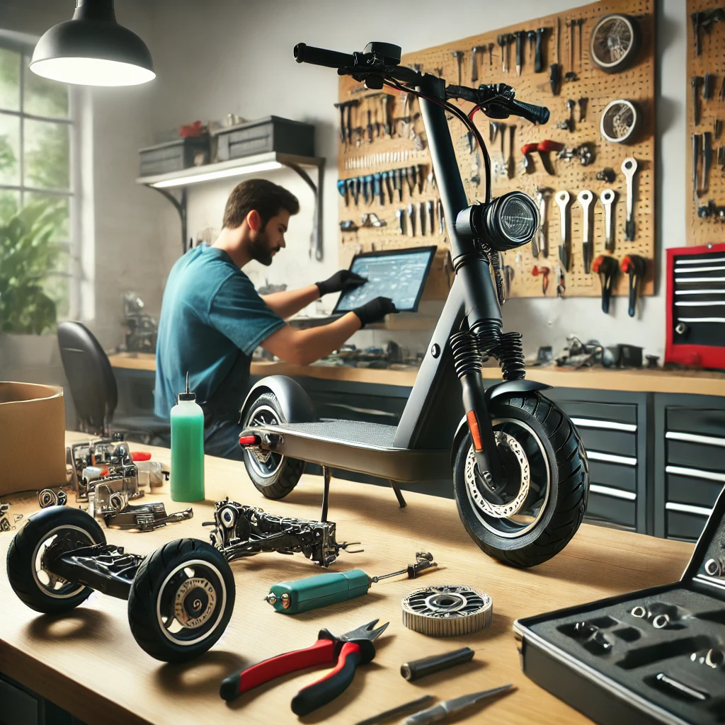 Techniker arbeitet an einem E-Scooter in moderner Werkstatthalle